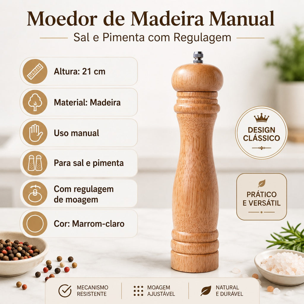 Moedor De Madeira Manual 21cm De Sal Pimenta C/regulagem Marrom-claro