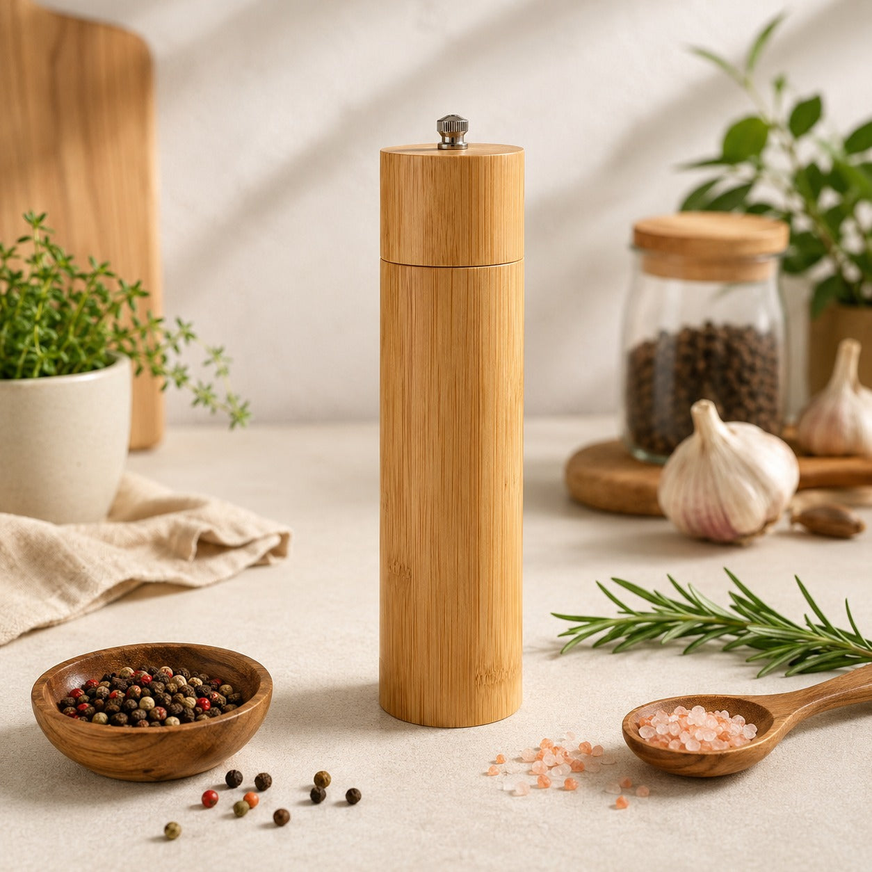 Moedor de Pimenta e Sal Bambu 21cm Núcleo de Cerâmica Manual Ajustável