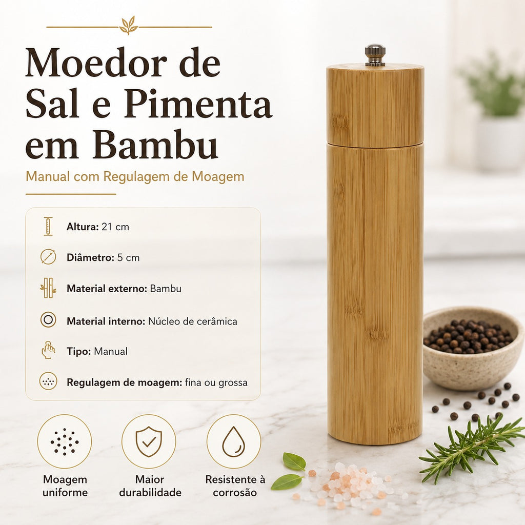Moedor de Pimenta e Sal Bambu 21cm Núcleo de Cerâmica Manual Ajustável