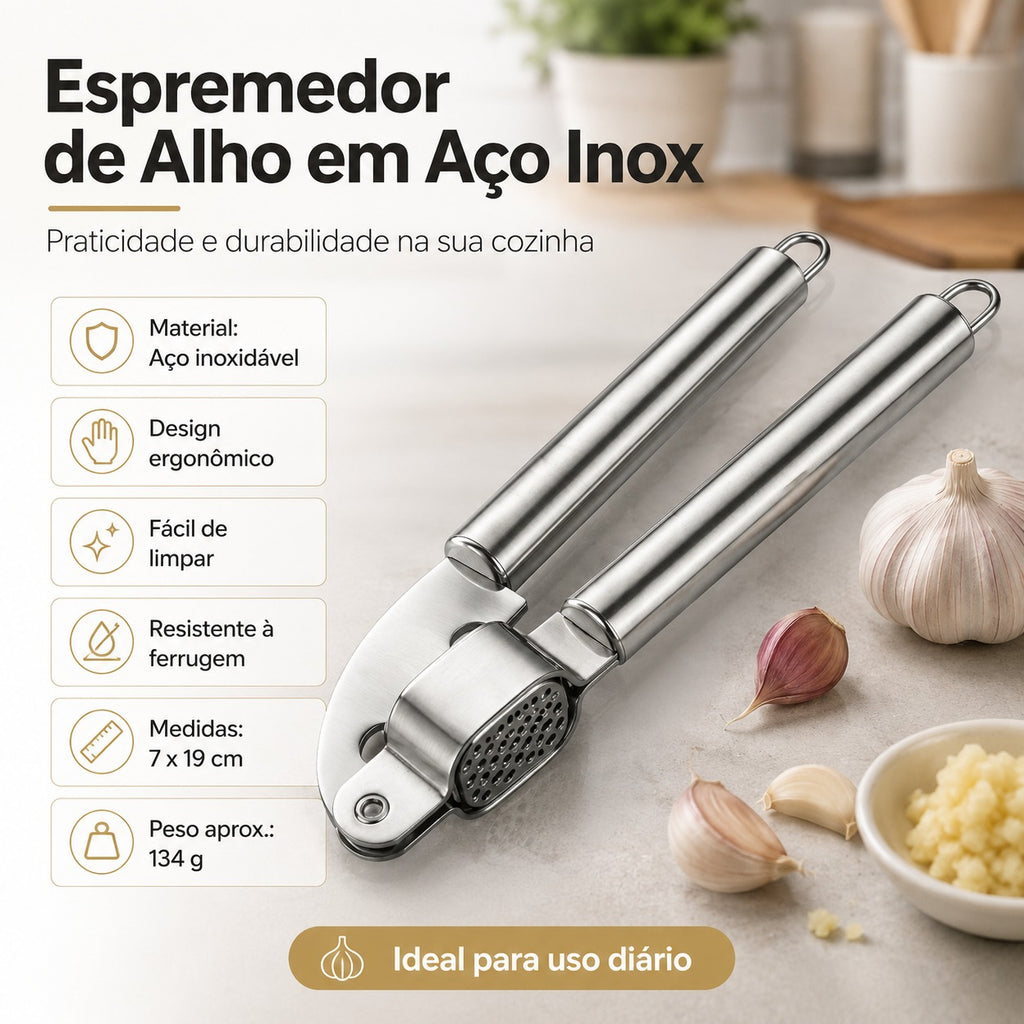 Espremedor de Alho em Aço inox Amassador Triturador Manual 19 cm Para Temperos