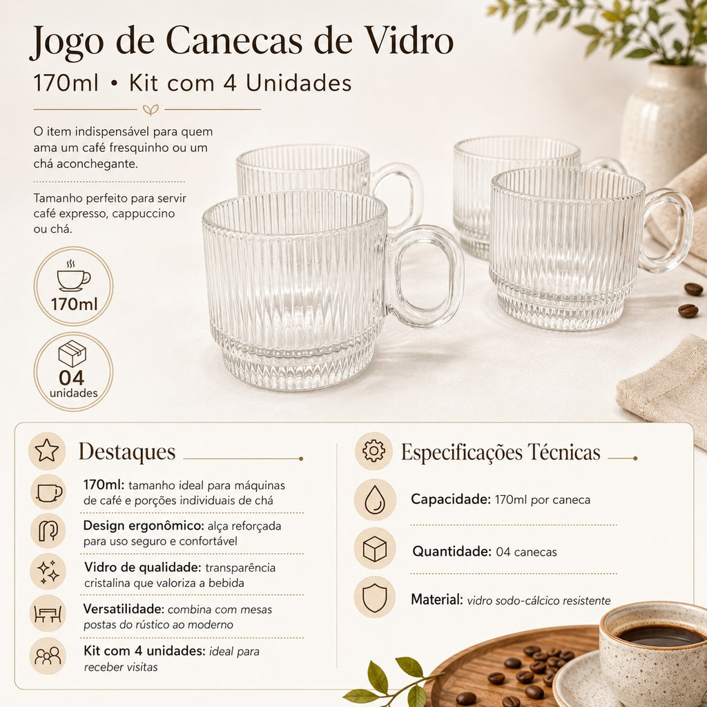 Jogo De Canecas De Vidro 4 Peças 170ml Xícara Café Chá Mesa Posta