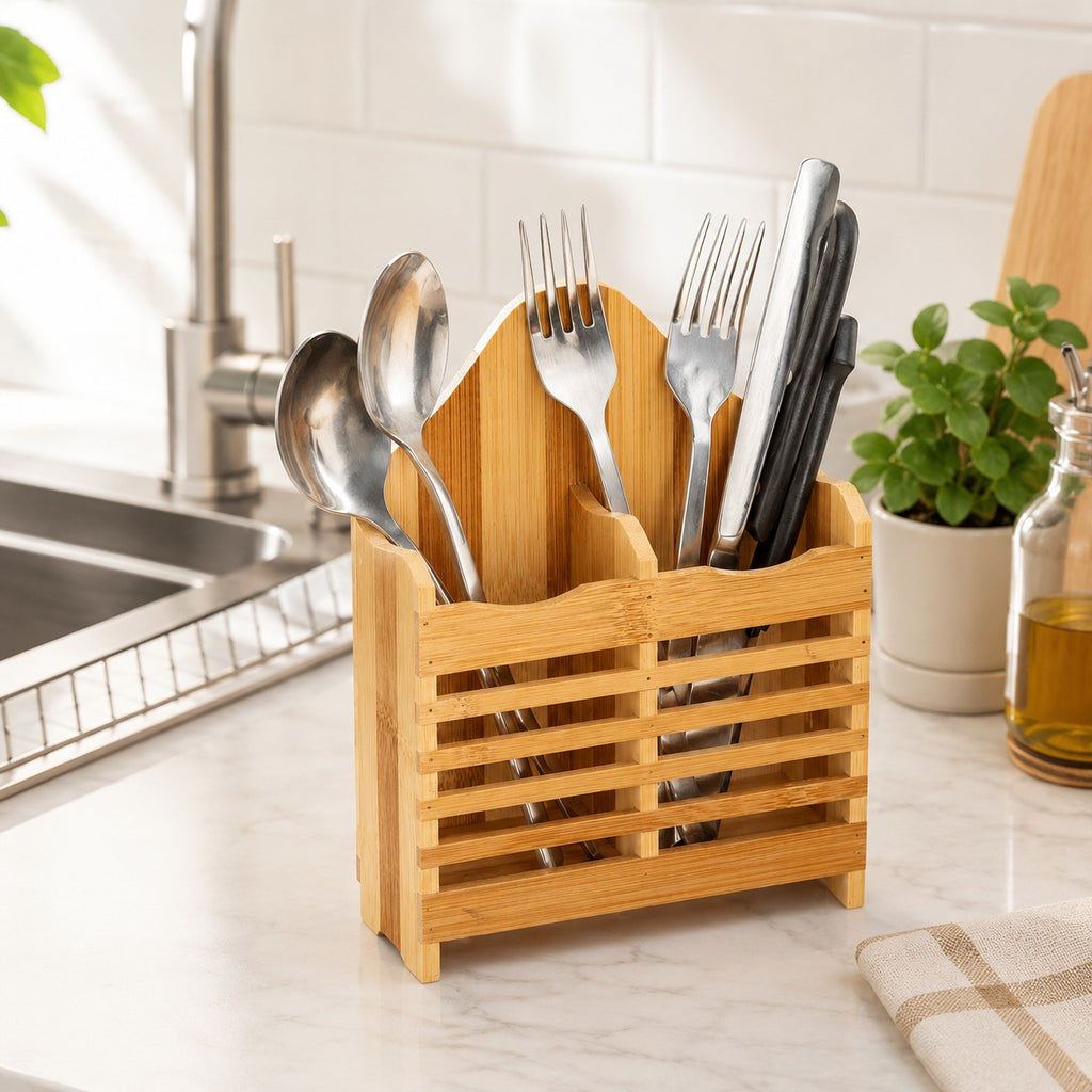 Porta Talheres de Bambu Escorredor e Organizador de Utensílios de Cozinha