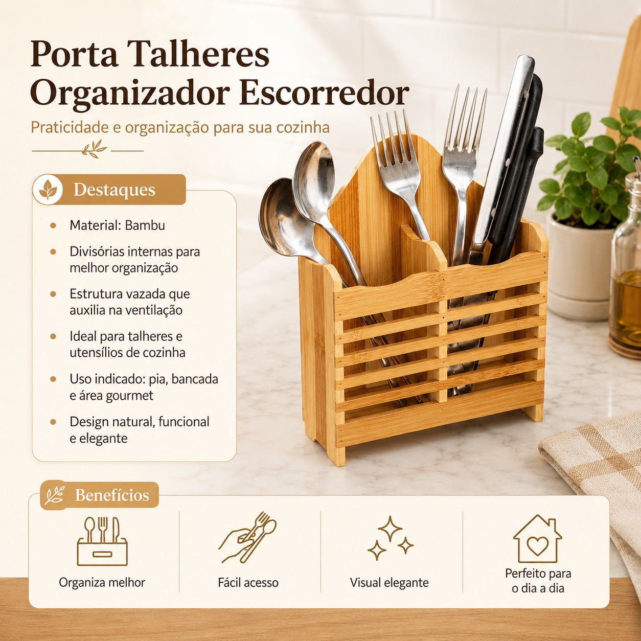 Porta Talheres de Bambu Escorredor e Organizador de Utensílios de Cozinha