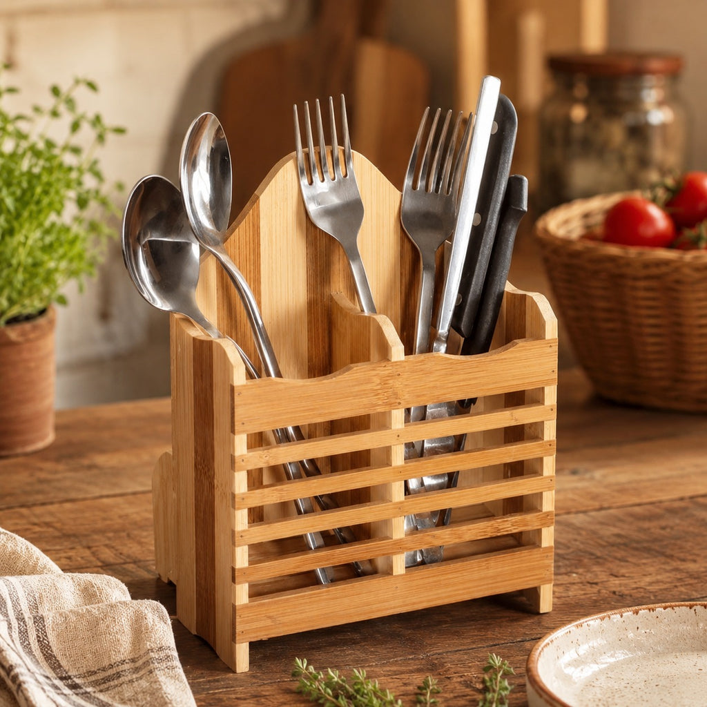 Porta Talheres de Bambu Escorredor e Organizador de Utensílios de Cozinha