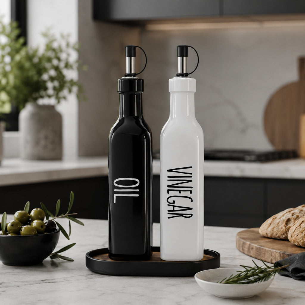 Conjunto Galheteiro Azeite e Vinagre 290ml Vidro Luxo Branco e Preto Minimalista Porta Condimentos
