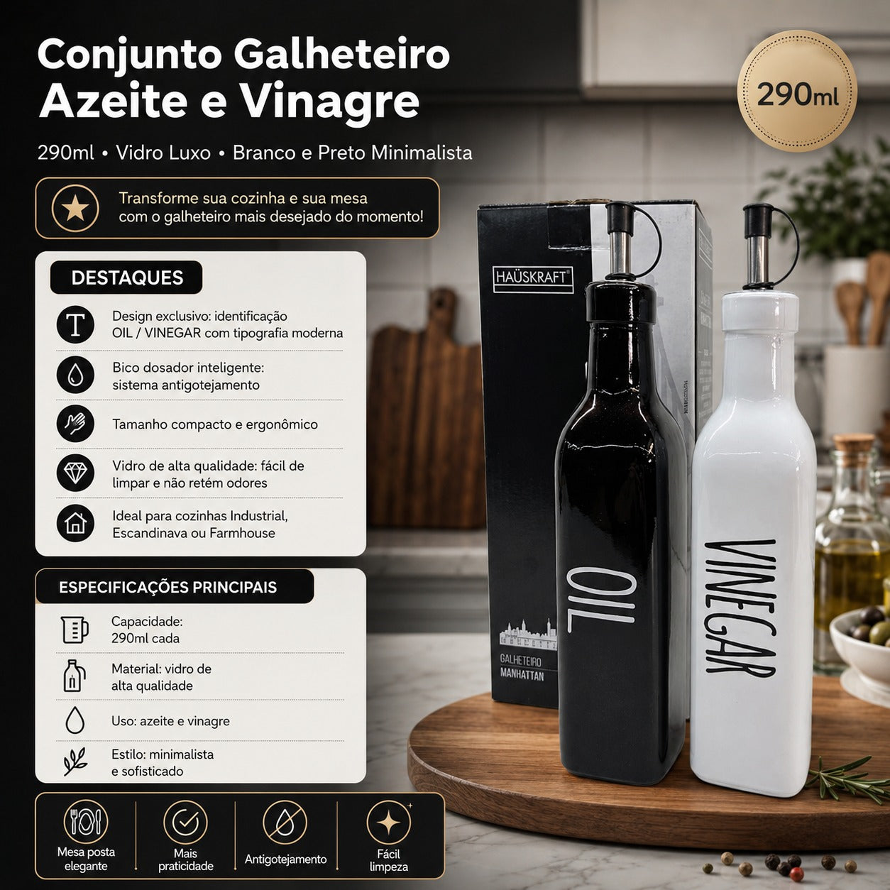 Conjunto Galheteiro Azeite e Vinagre 290ml Vidro Luxo Branco e Preto Minimalista Porta Condimentos