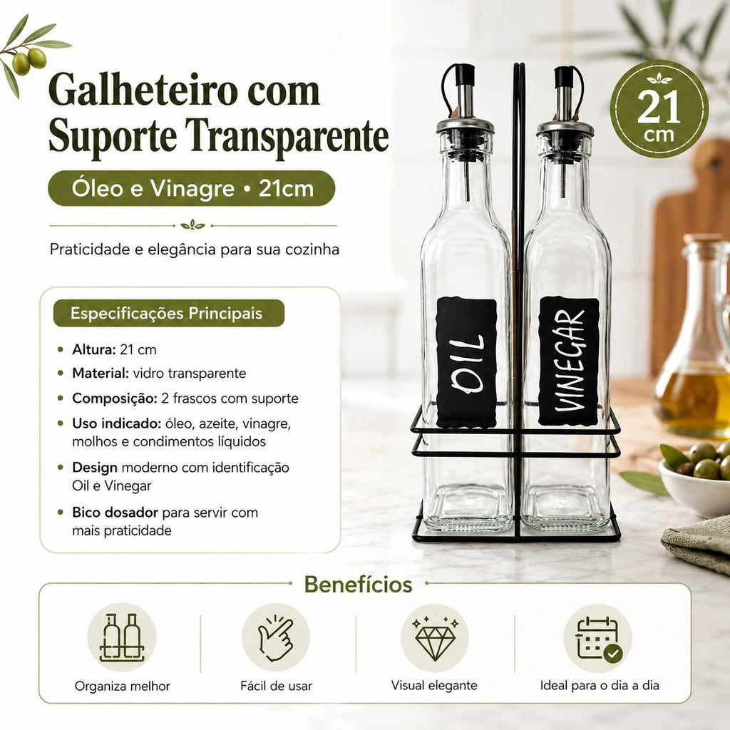 Galheteiro Com Suporte 21cm Transparente Óleo e Vinagre