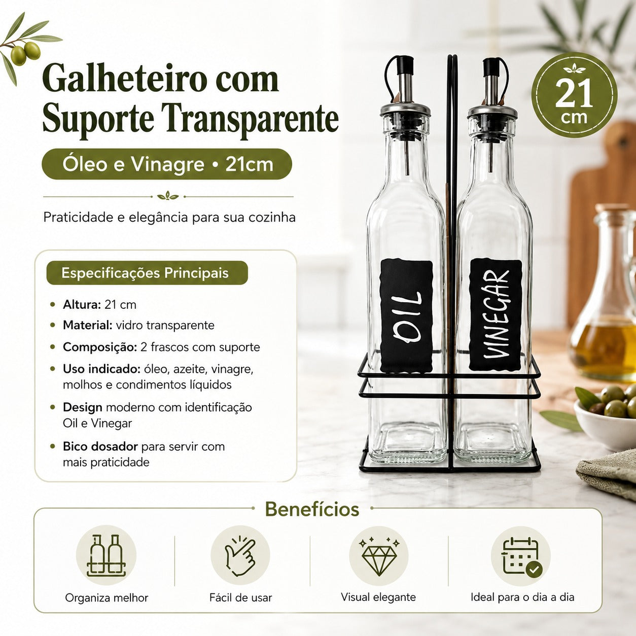 Galheteiro Com Suporte 21cm Transparente Óleo e Vinagre