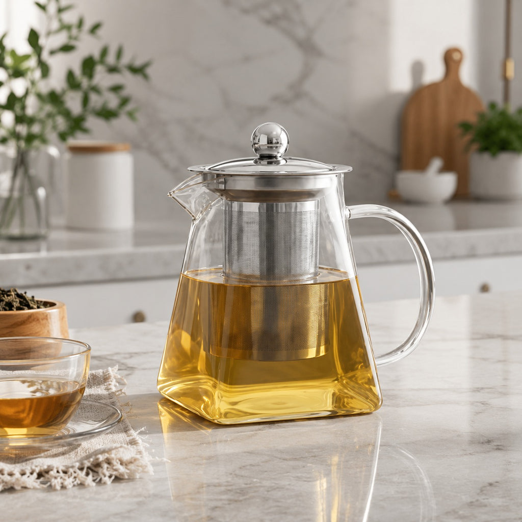 Chaleira Bule de Vidro Borossilicato 550ml Quadrada com Infusor Inox – Resistente ao Fogo