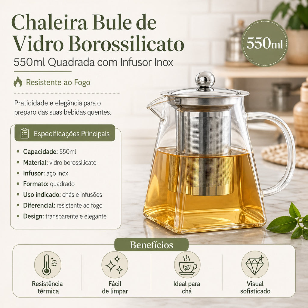 Chaleira Bule de Vidro Borossilicato 550ml Quadrada com Infusor Inox – Resistente ao Fogo