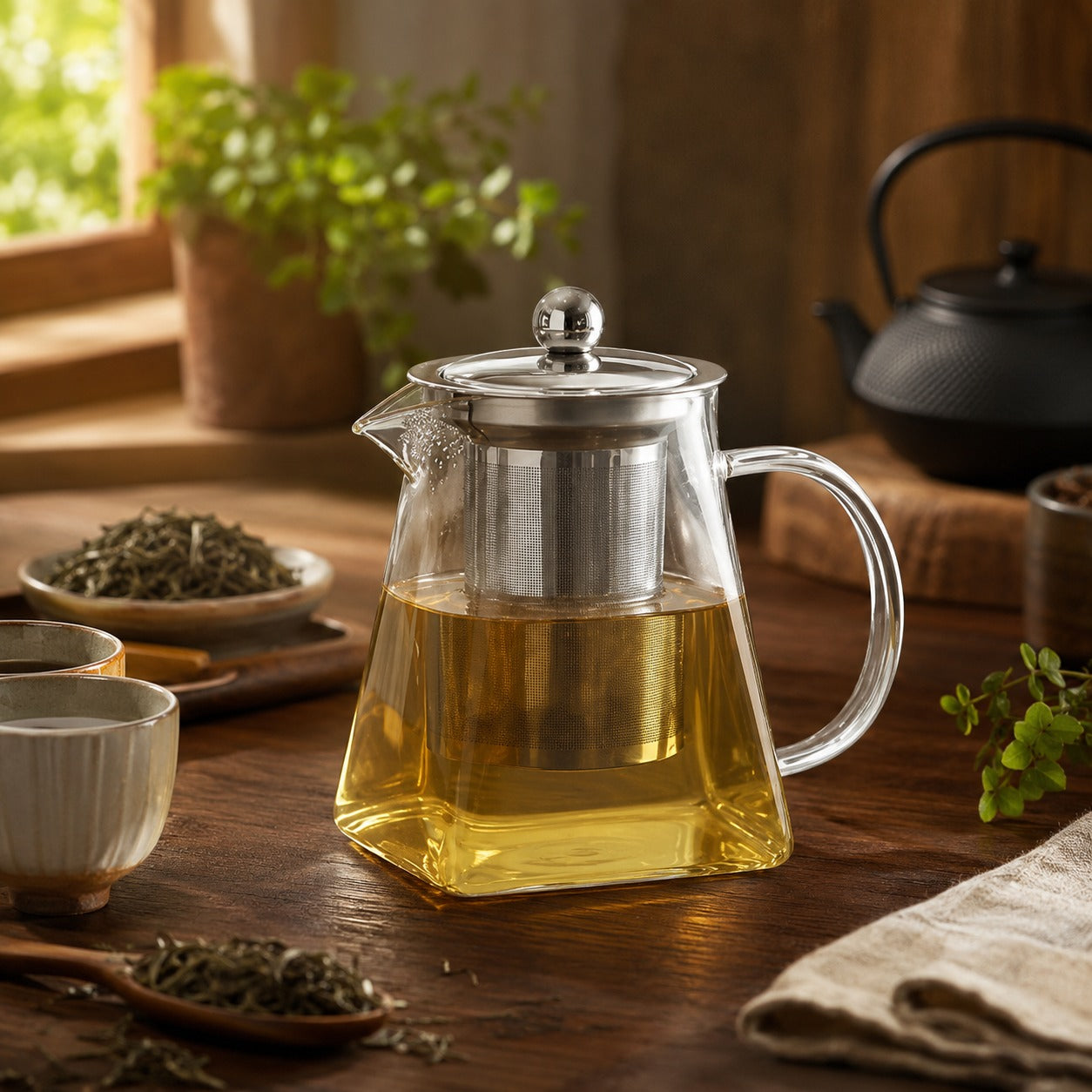 Chaleira Bule de Vidro Borossilicato 550ml Quadrada com Infusor Inox – Resistente ao Fogo