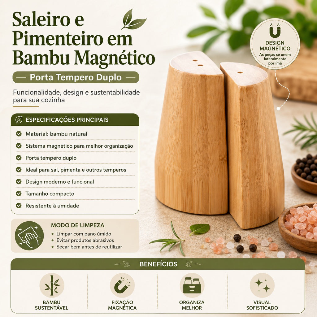 Saleiro E Pimenteiro Em Bambu Magnético Porta Tempero Duplo 14ML