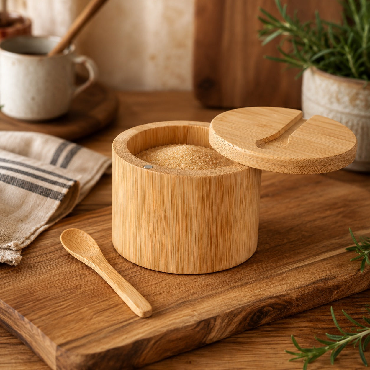 Açucareiro de Bambu Natural com Colherzinha 210 ML 9CM