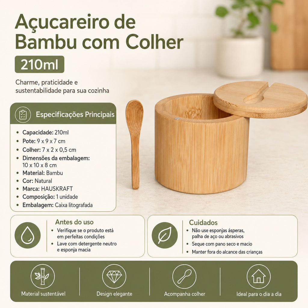 Açucareiro de Bambu Natural com Colherzinha 210 ML 9CM