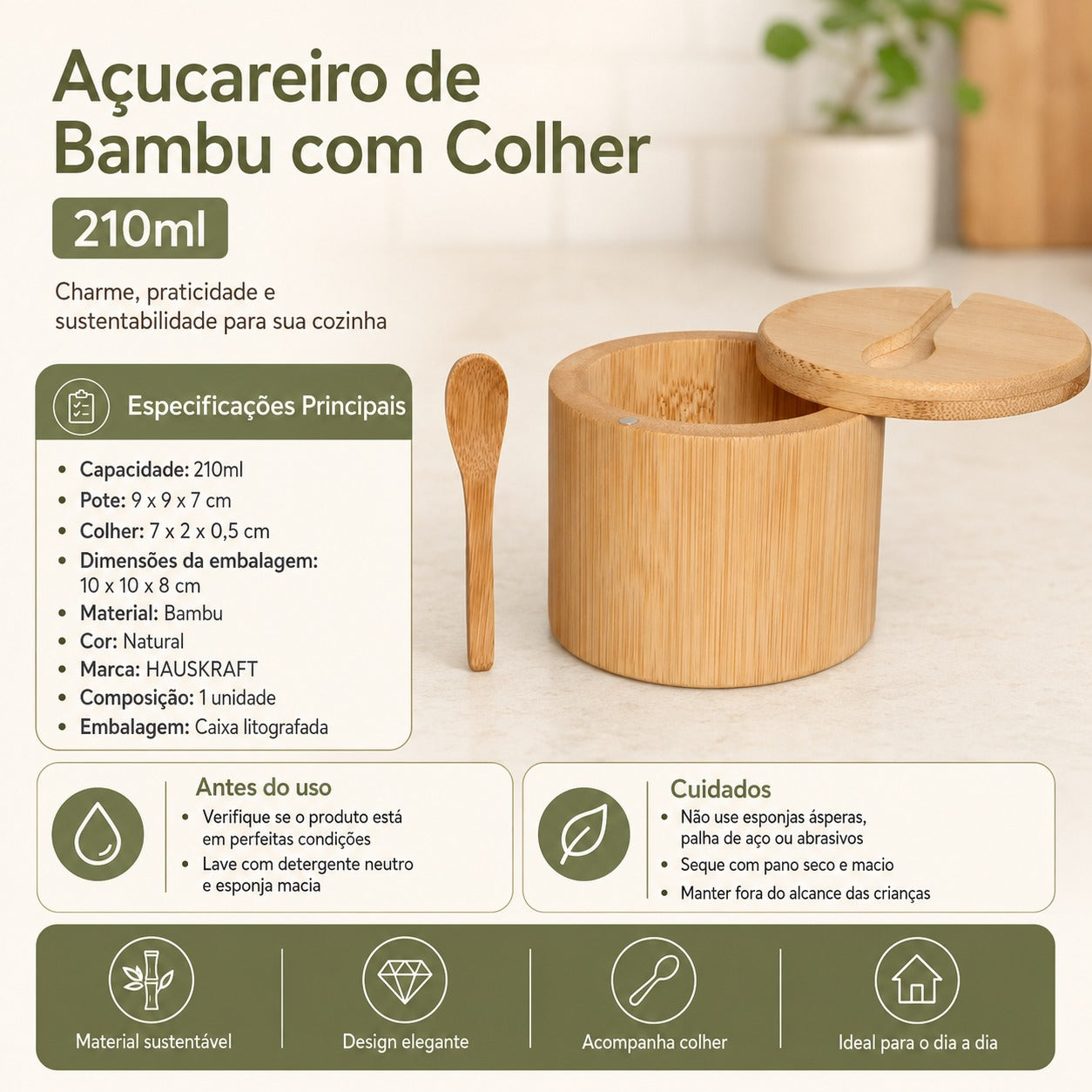 Açucareiro de Bambu Natural com Colherzinha 210 ML 9CM