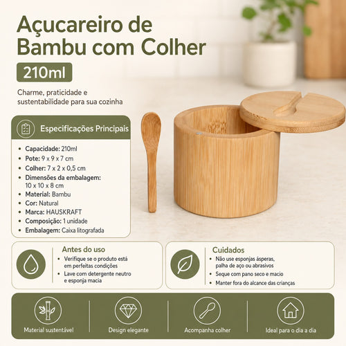 Açucareiro de Bambu Natural com Colherzinha 210 ML 9CM