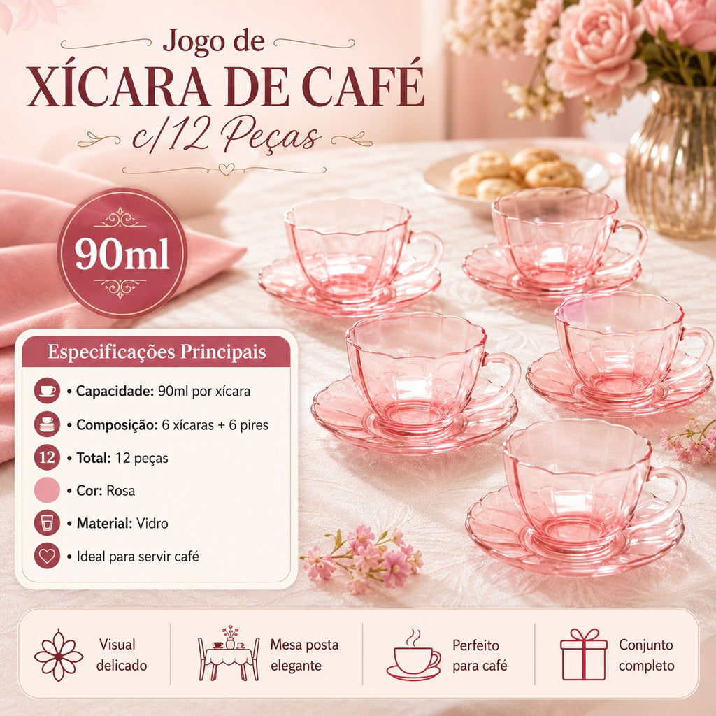 Jogo de Xícara Café 12 Peças em 900 Ml Rosé