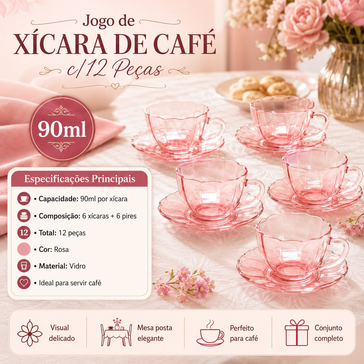 Jogo de Xícara Café 12 Peças em 900 Ml Rosé