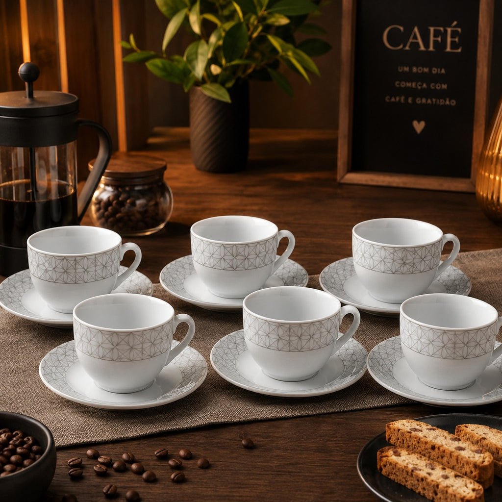 Conjunto de Xícaras de Café 6 Peças com Pires Decorado 90ML