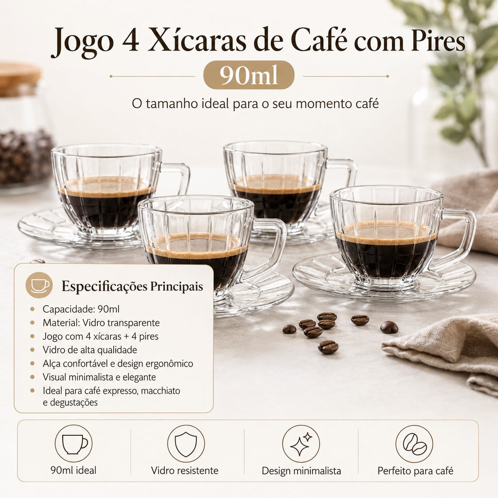 Jogo De 4 Xícaras Para Café Vidro 90ml Conjunto Xícaras e Pires