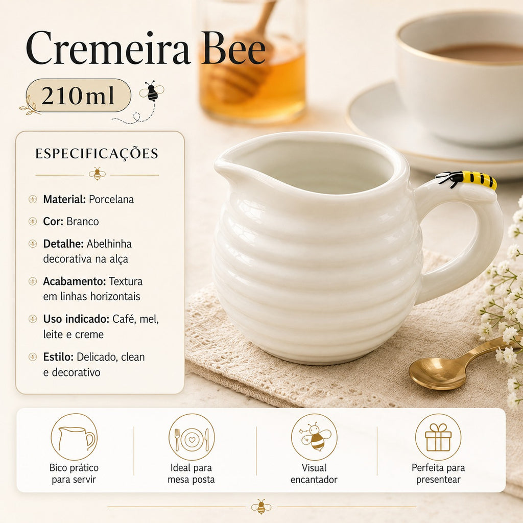 Cremeira 210ml de Porcelana Bee Mini Jarra P/Café Mel Leite