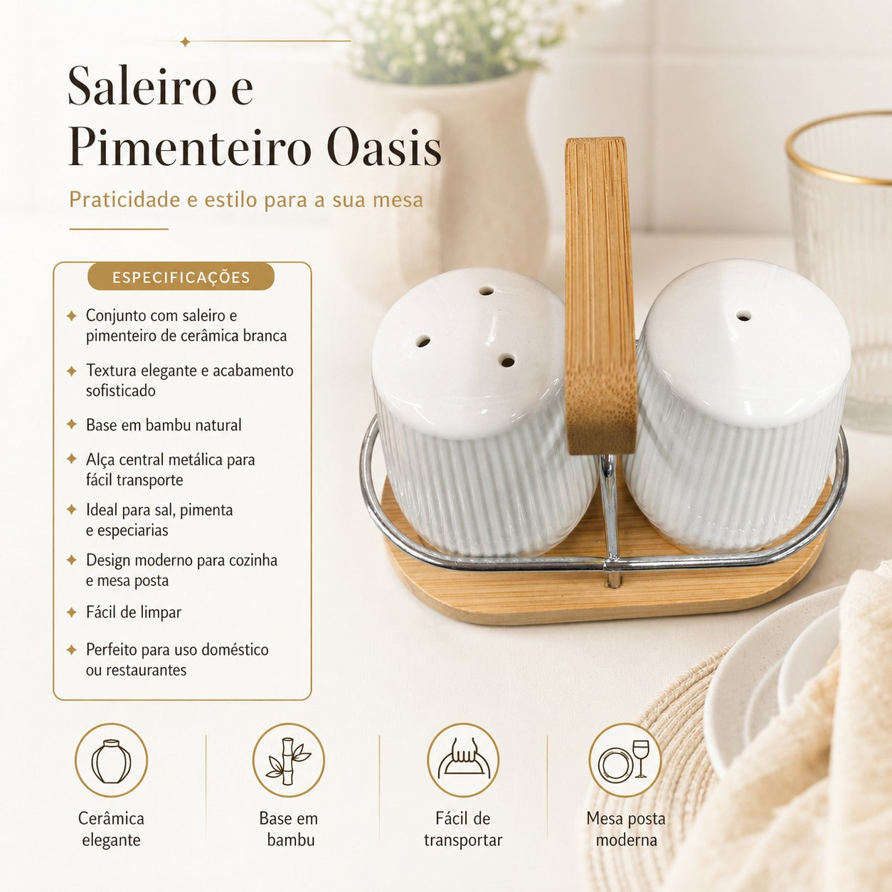 Saleiro e Pimenteiro Oasis com Suporte de Bambu – Design Elegante e Funcional