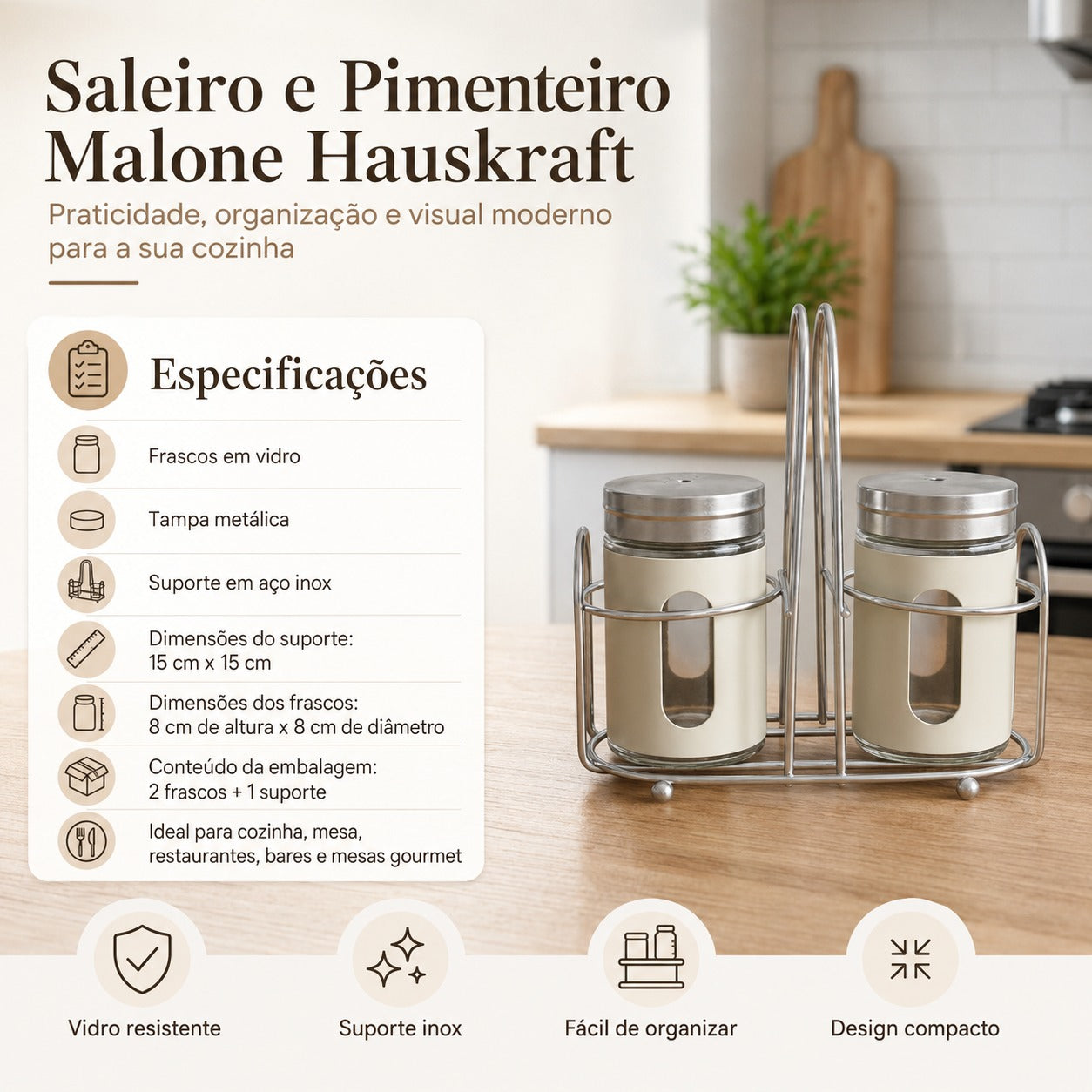 Conjunto Saleiro e Pimenteiro com Suporte Inox 2 Peças Vidro