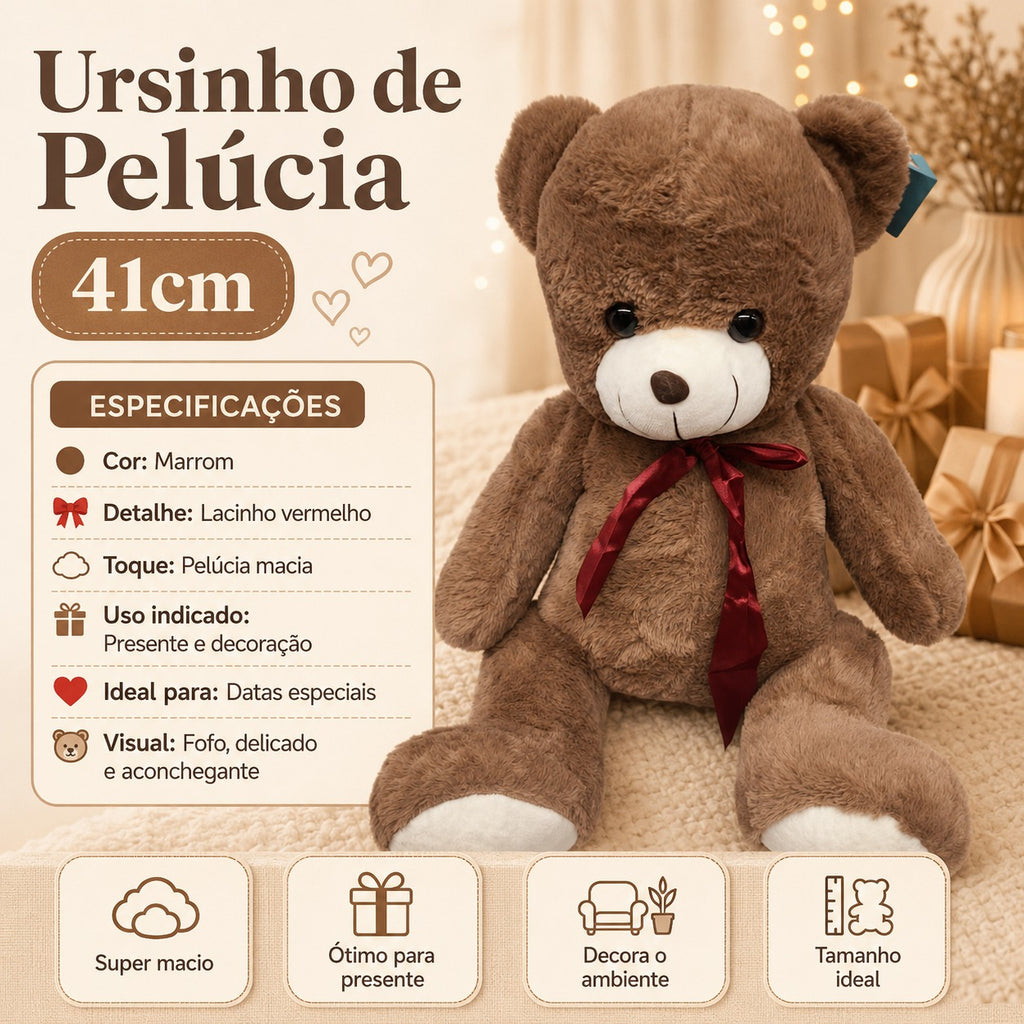Ursinho de Pelúcia Marrom com Lacinho 41 Cm