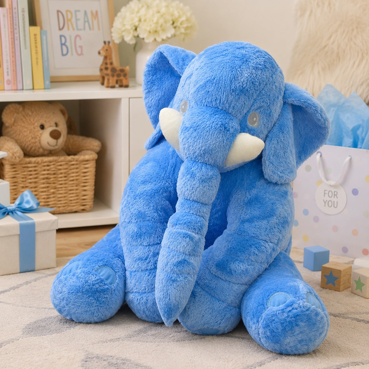Elefante de Pelúcia Azul Fofinho 60 Cm em Poliéster