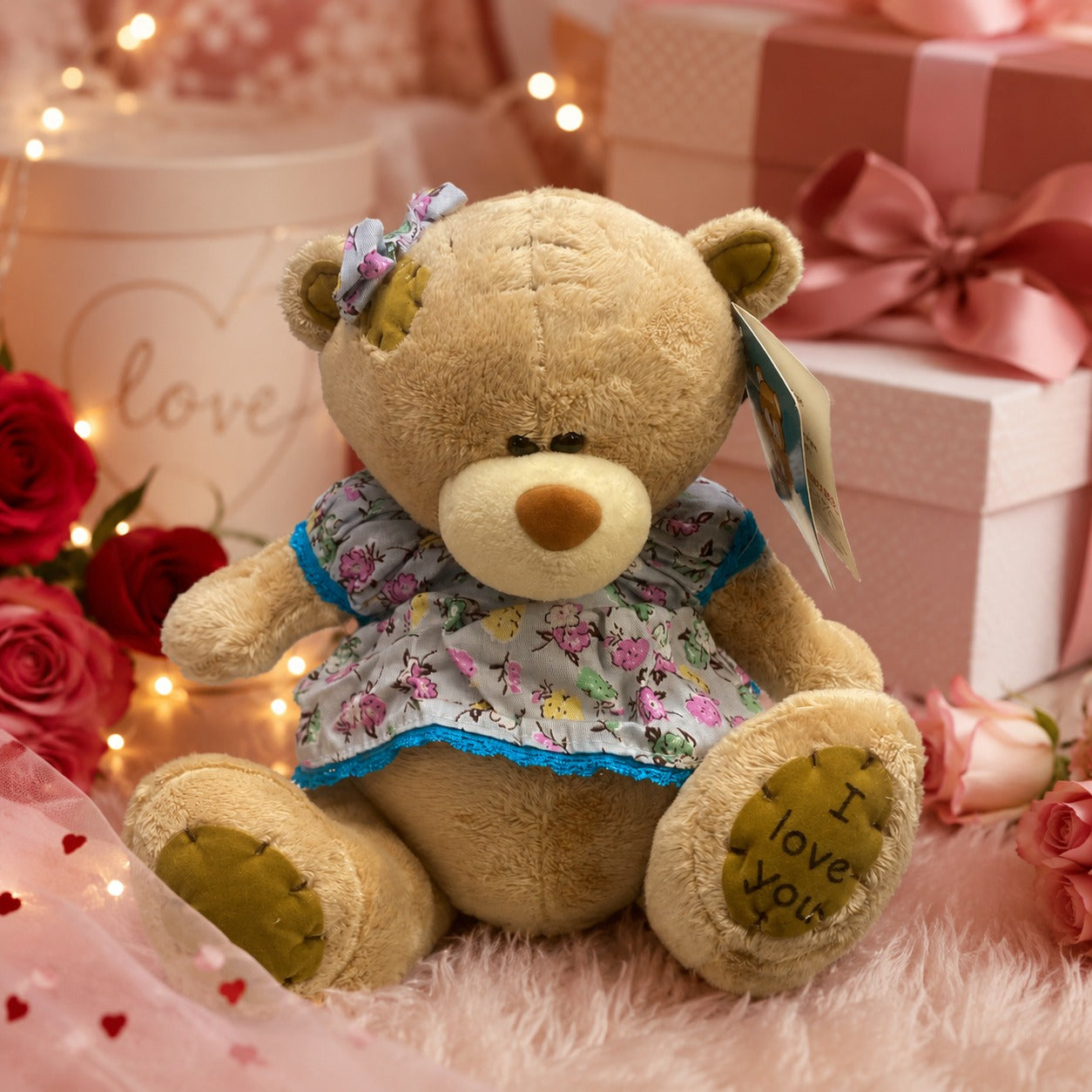 Ursinha de Pelúcia com Vestido Floral Removível Pequeno