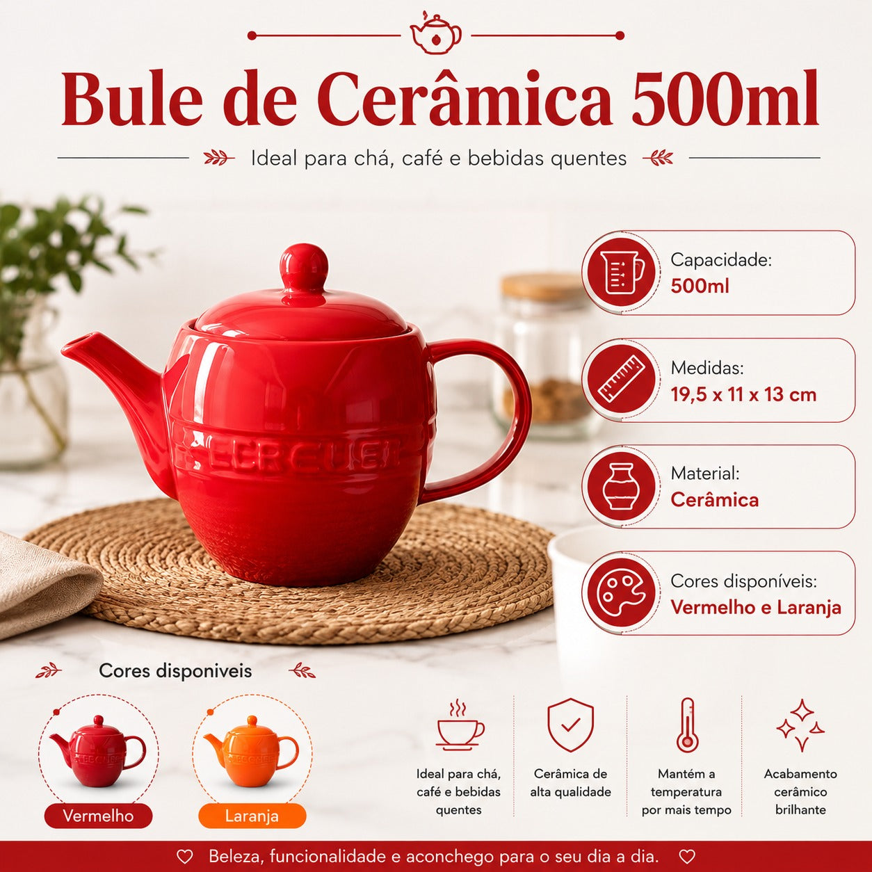 Bule de Cerâmica 500ml Le Chef Hauskraft Chá Café Design Vintage Resistente