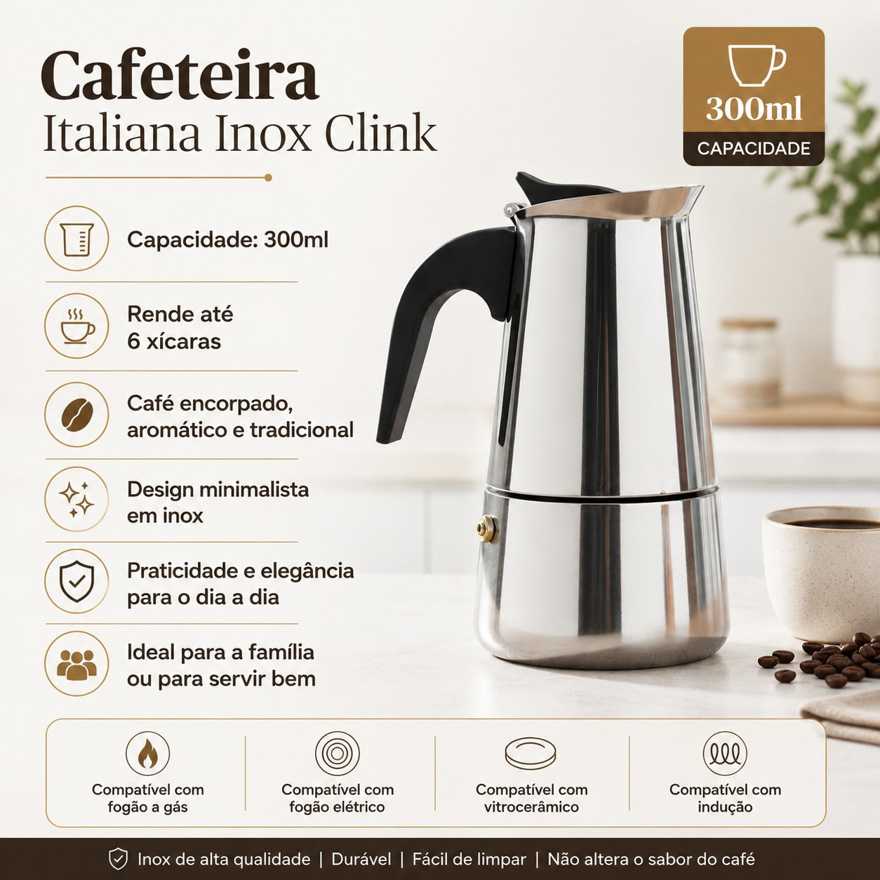 Cafeteira italiana em inox minimalista com capacidade para 6 xicaras e 300ml de café - clink