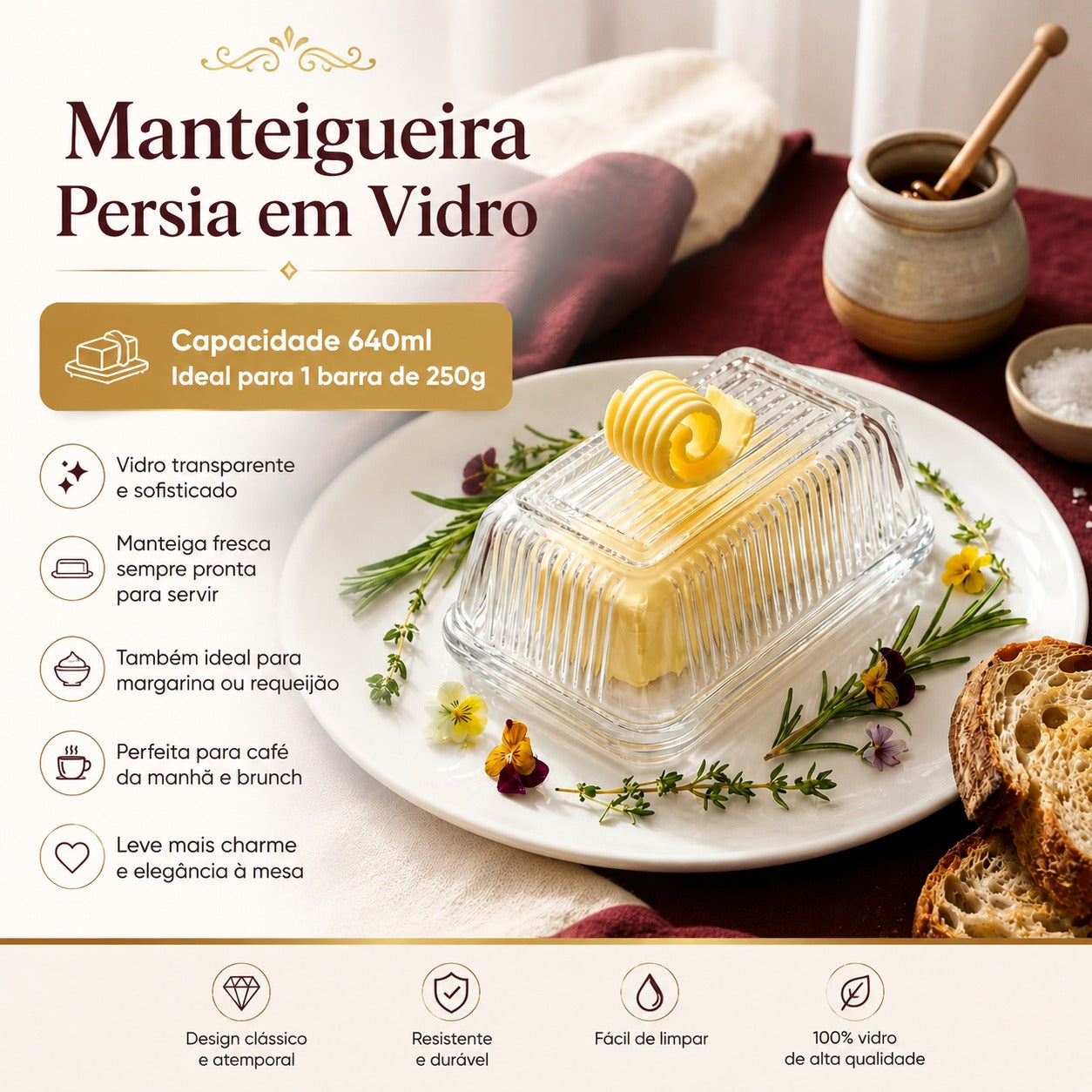 Manteigueira Persia de 640 ML em Vidro 10x17 cm