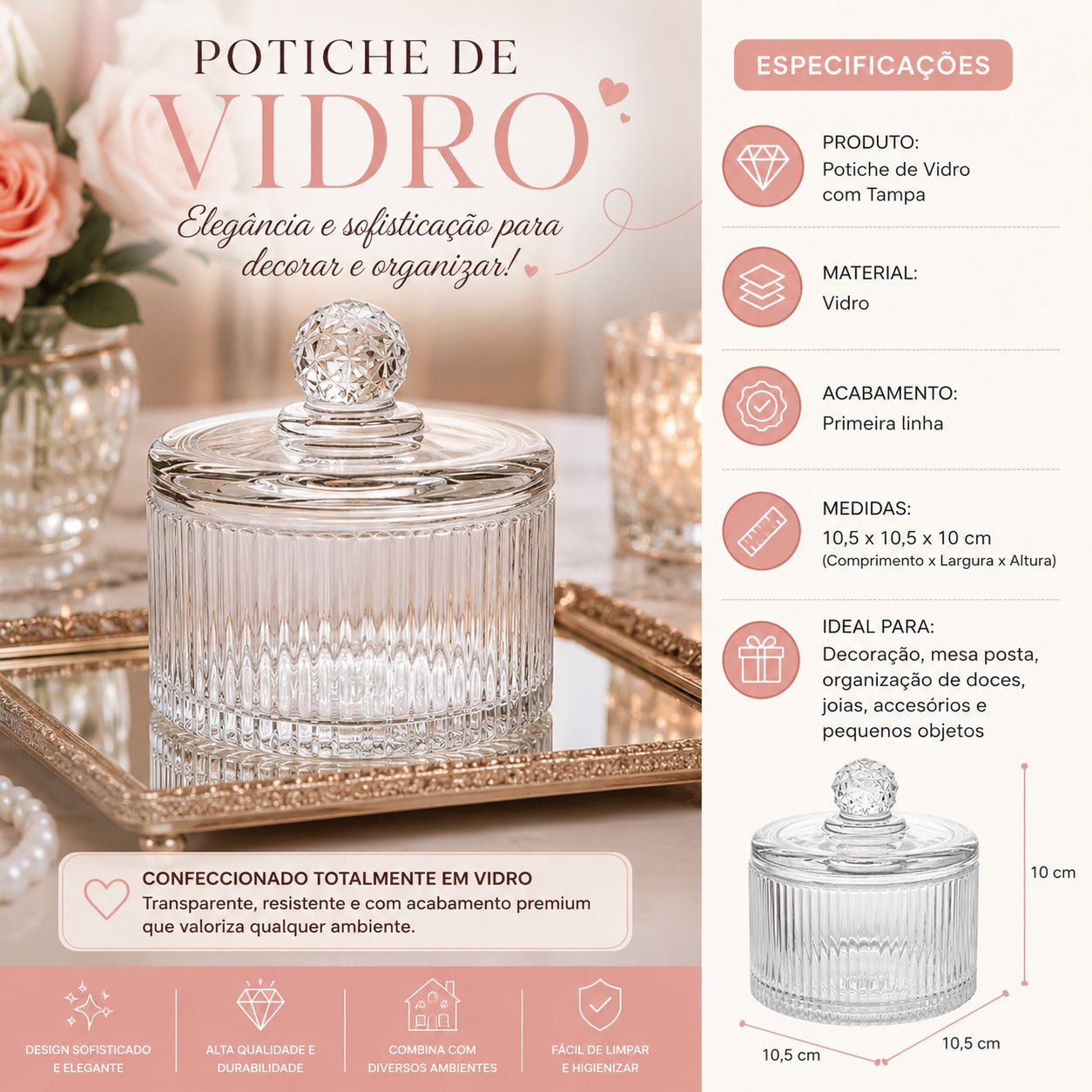 Potiche de Vidro Cristal Decorativo Hauskraft 10 cm