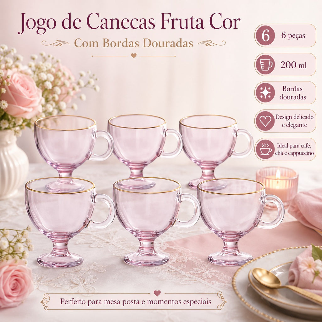 Jogo de Canecas Fruta Cor com Bordas Douradas 200 ML