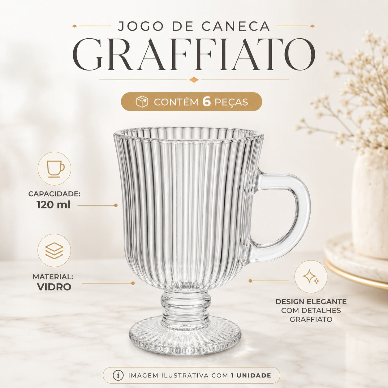 Jogo de Caneca de Vidro com 6 Peças Graffiato120 ML