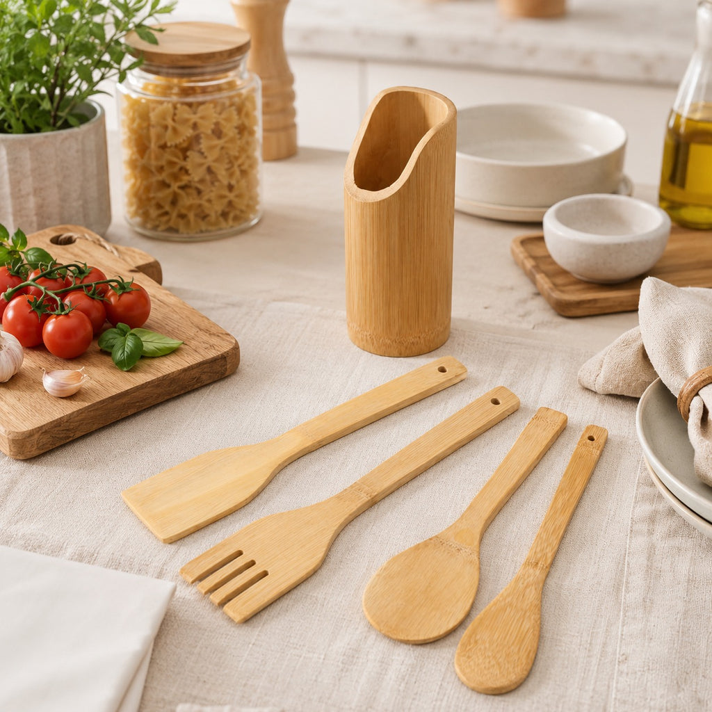 Jogo de Talheres de Cozinha em Bambu com Suporte