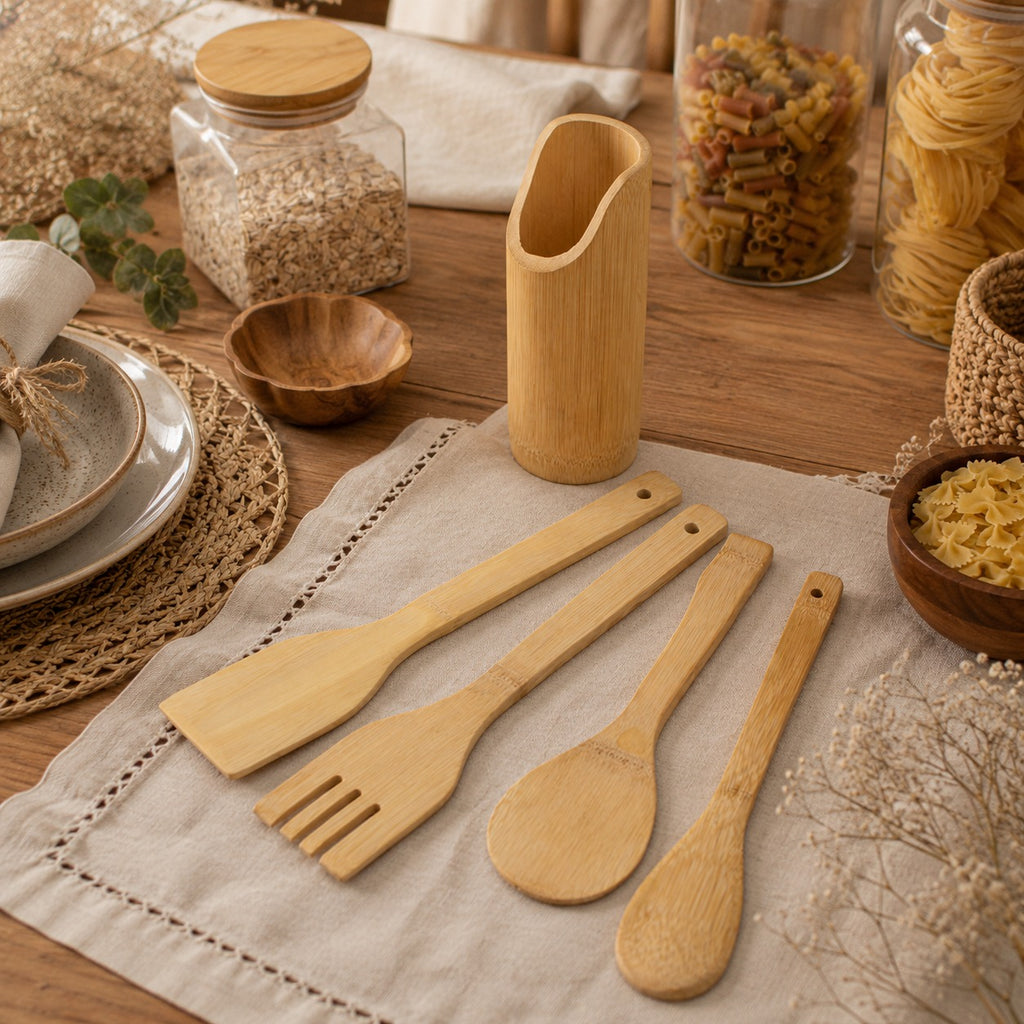 Jogo de Talheres de Cozinha em Bambu com Suporte