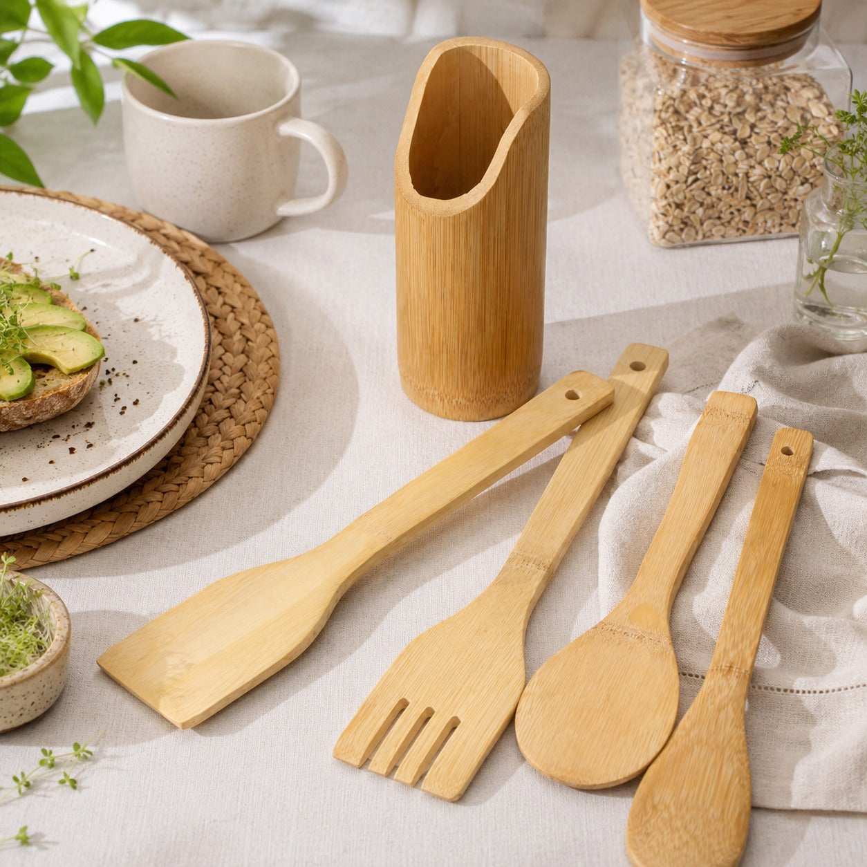 Jogo de Talheres de Cozinha em Bambu com Suporte
