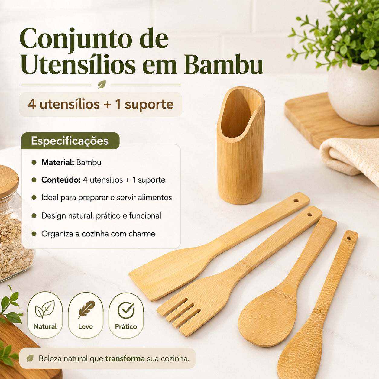 Jogo de Talheres de Cozinha em Bambu com Suporte