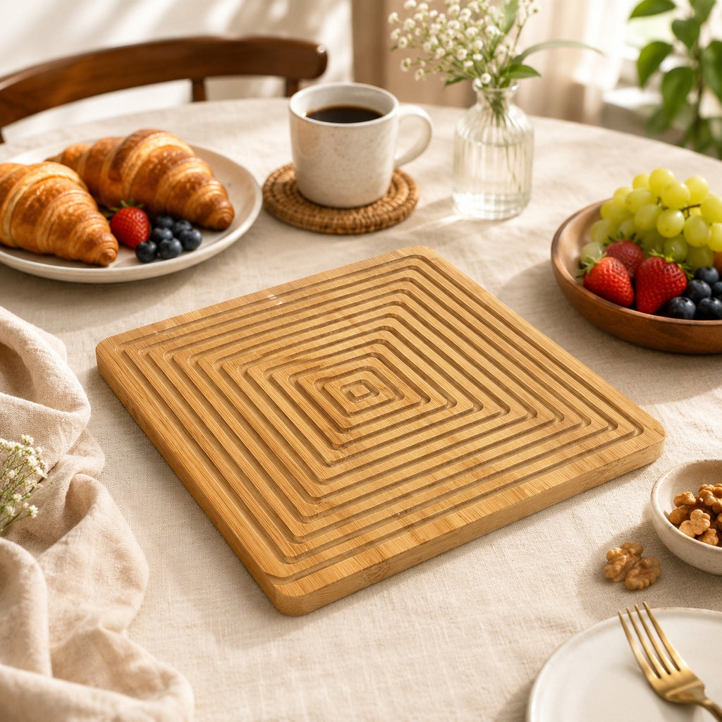 Bandeja de Bambu Quadrada com Detalhes  28x28x1,5 cm