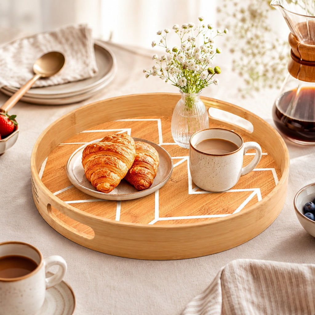 Bandeja De Bambu 30CM Com Alças Para Servir Ou Decoração Redonda Com Detalhes Brancos - Wellmix