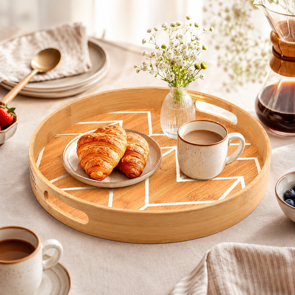 Bandeja De Bambu 30CM Com Alças Para Servir Ou Decoração Redonda Com Detalhes Brancos - Wellmix