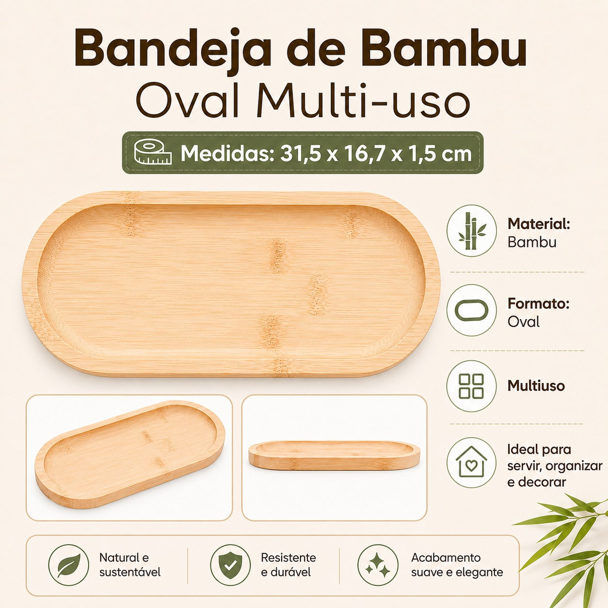 Bandeja De Bambu Oval Multifuncional Bandeja Para Petiscos Cozinha Banheiro 31cm