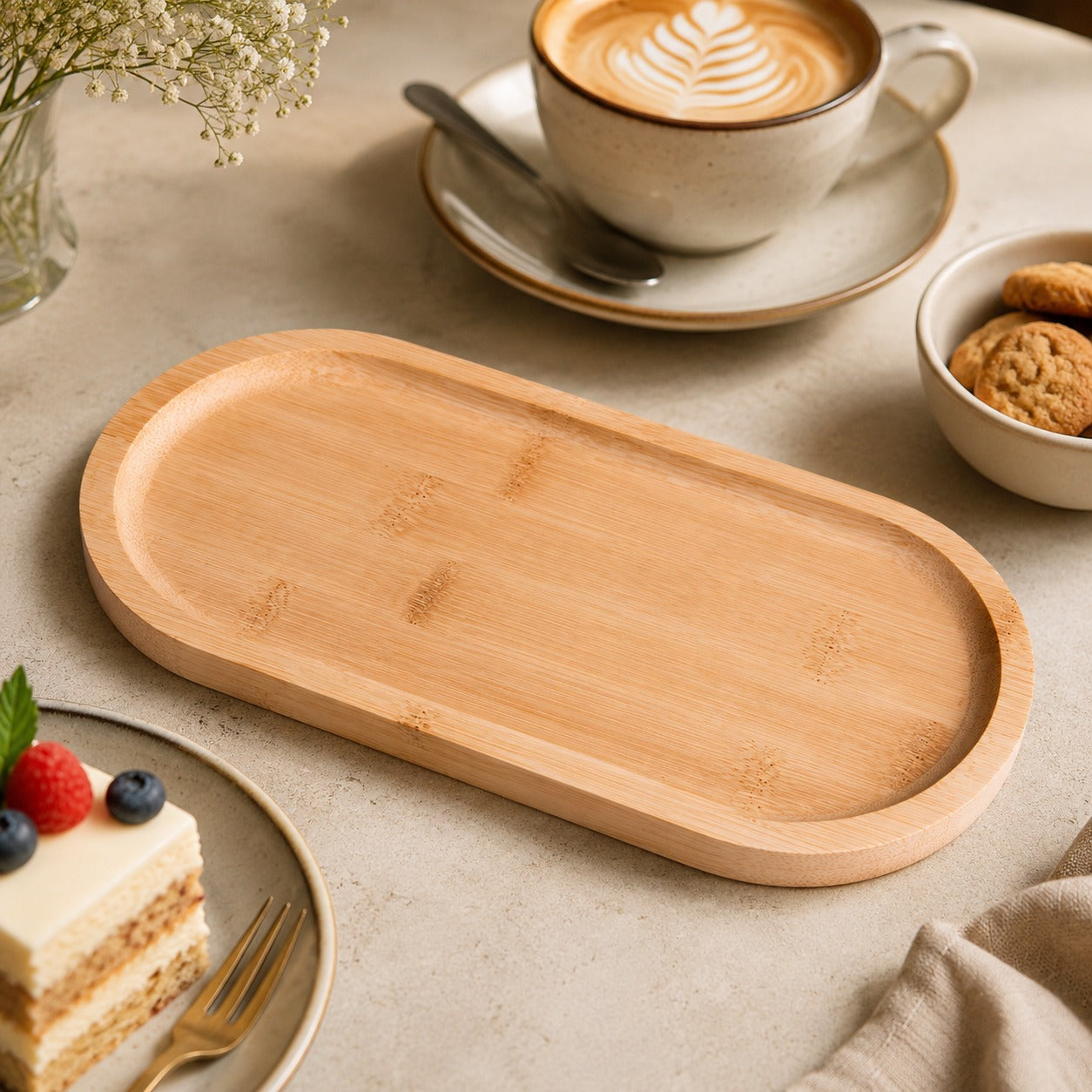 Bandeja De Bambu Oval Multifuncional Bandeja Para Petiscos Cozinha Banheiro 31cm