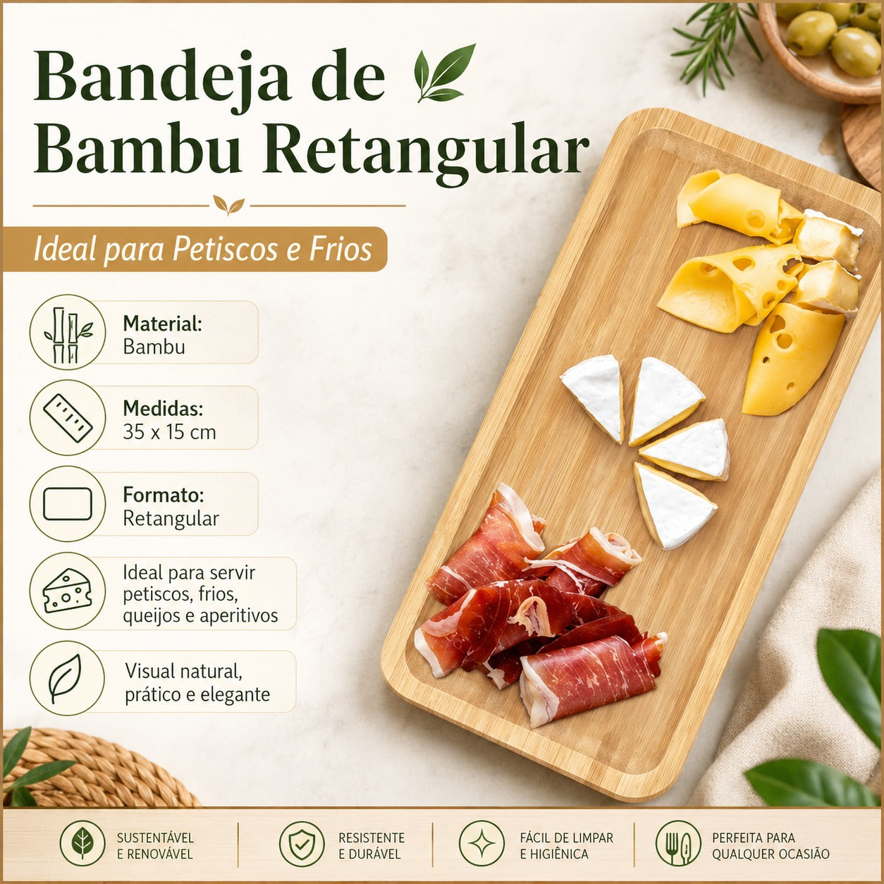 Bandeja de Bambu Retangular Cozinha Bandeja Para Petiscos Frios 35x15