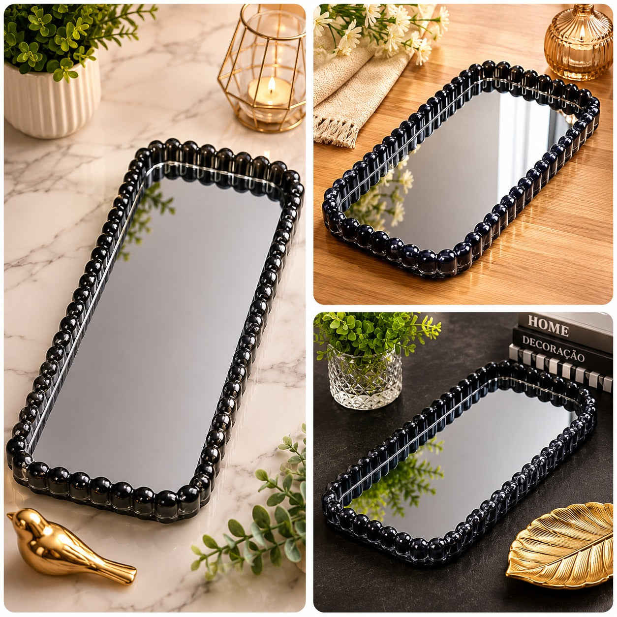 Bandeja Decorativa com Fundo Espelhado Retangular 31,3x11,3 Cm