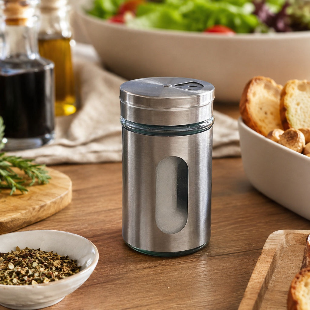 Saleiro Pimenteiro em Aço Inox 5x8 Cm com Vidro Interno