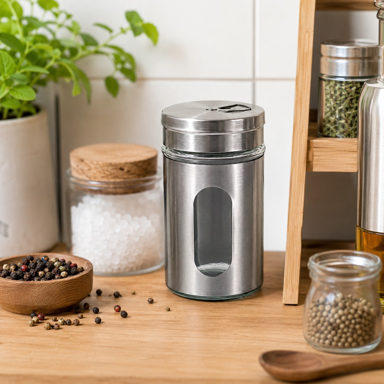 Saleiro Pimenteiro em Aço Inox 5x8 Cm com Vidro Interno