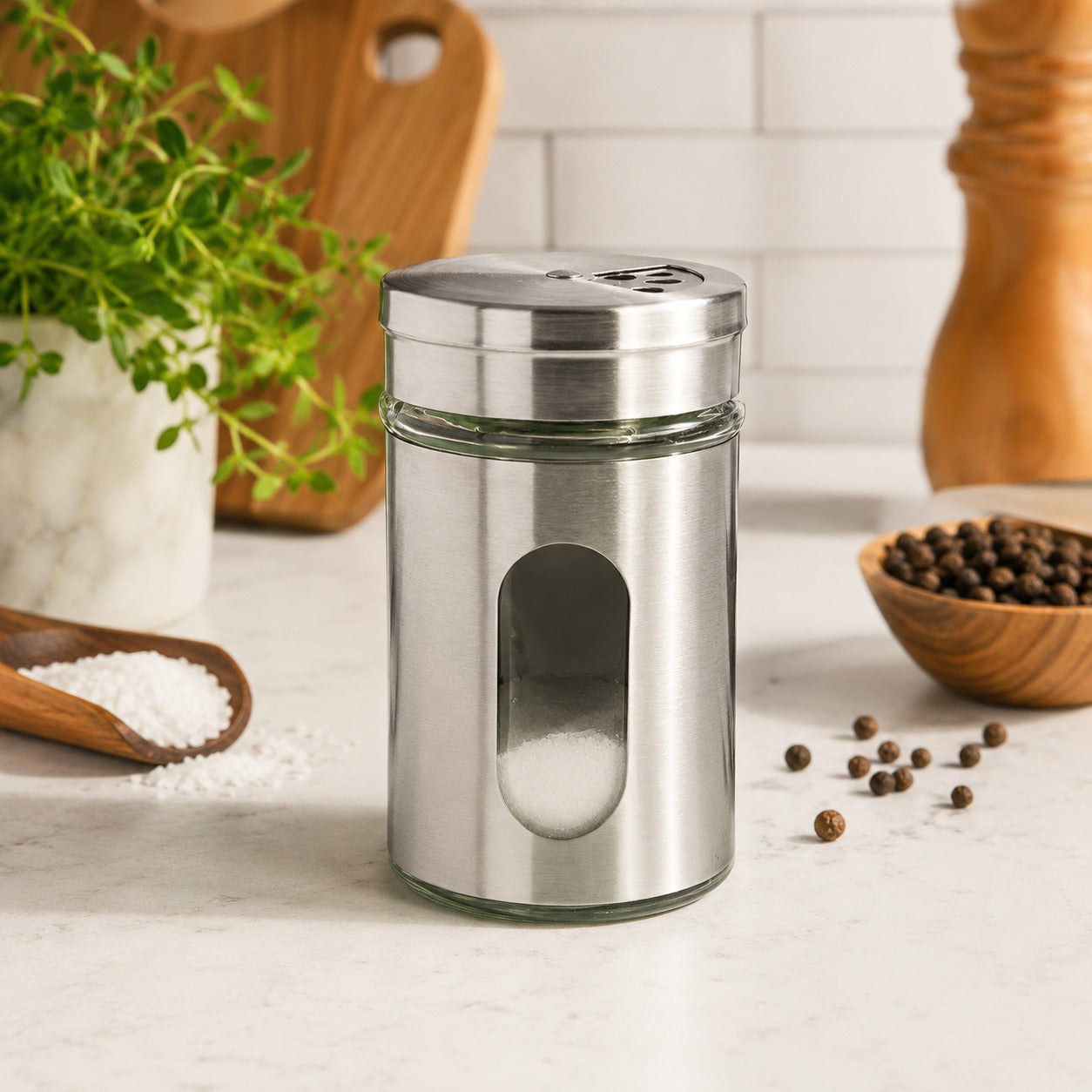 Saleiro Pimenteiro em Aço Inox 5x8 Cm com Vidro Interno